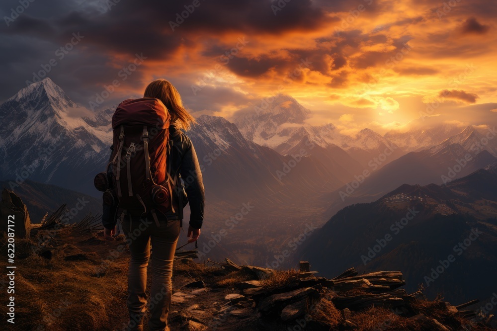 Journey to the Sun: The Majestic Silhouette of a Lone Traveler with a Backpack, Conquering the Mountain Summit as the Sun Rises Generative AI Journey to the Sun: The Majestic Silhouette of a Lone Traveler with a Backpack, Conquering the Mountain Summit as the Sun Rises Generative AI
