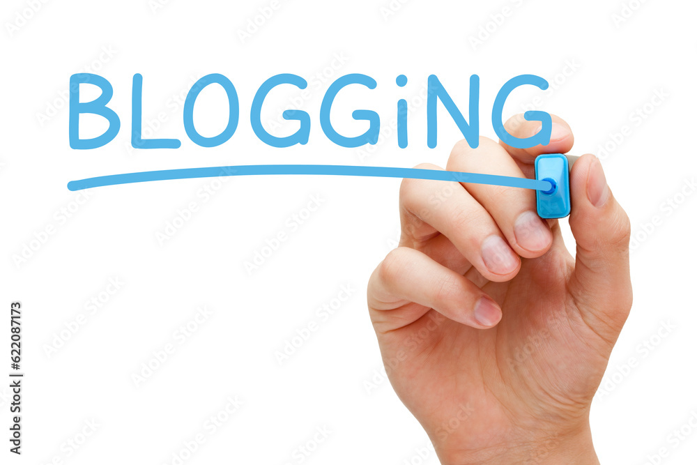 Hand writing Blogging with blue marker on transparent wipe board. Hand writing Blogging with blue marker on transparent wipe board.