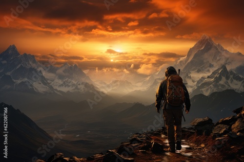 Solitude s Peak  The Tranquil Silhouette of a Brave Traveler with a Backpack  Gazing at the Sunrise from Atop the Majestic Mountain Generative AI
