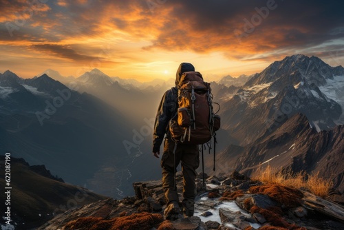 Awe-Inspiring Sunrise: The Silhouette of a Lone Traveler with a Backpack Gracefully Embracing the Mountain Summit at the Break of Dawn Generative AI