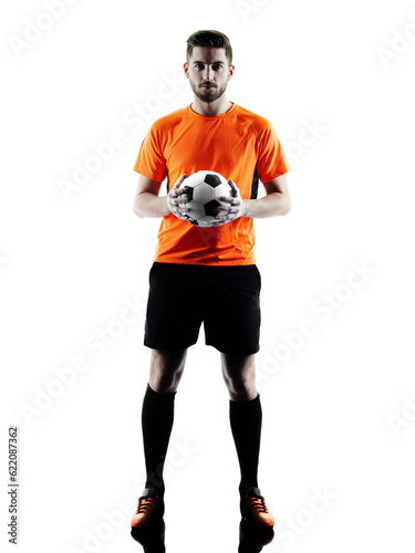 one caucasian Soccer player Man in silhouette isolated on white backgound