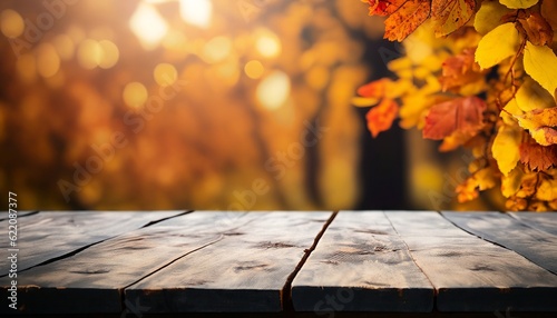 Wooden table with an autumn background  autumn background  Generative AI