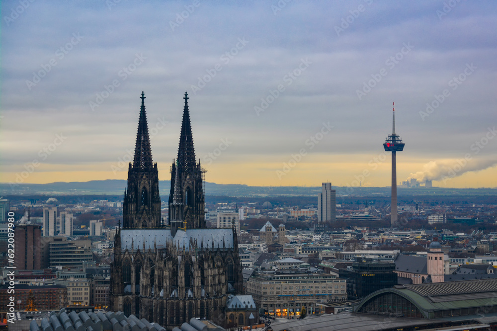 Cologne Skyline with Cathedral and TV Tower in Early Sunset