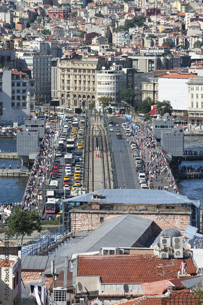 Galata Bridge and Karakoy district in Istanbul city, Turkey