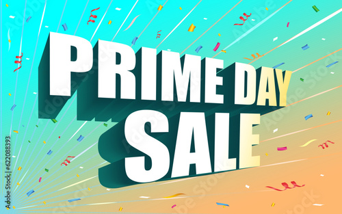 Prime day sale Banner with flying confetti pieces and typography and extrude and perspective effect. Sales background.