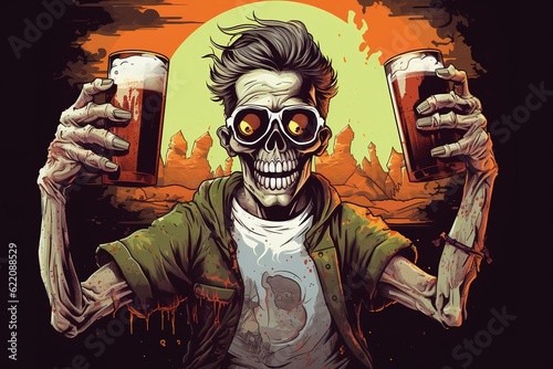 Cartoon illustration of zombie drinking beer. International beer day conceptual banner
