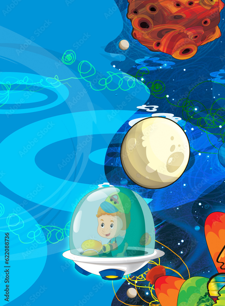 Cartoon funny colorful scene of cosmos galactic alien ufo isolated illustration for children