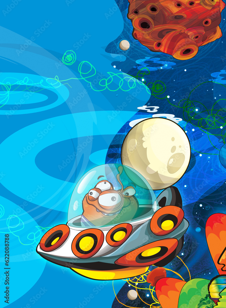 Fototapeta premium Cartoon funny colorful scene of cosmos galactic alien ufo isolated illustration for children