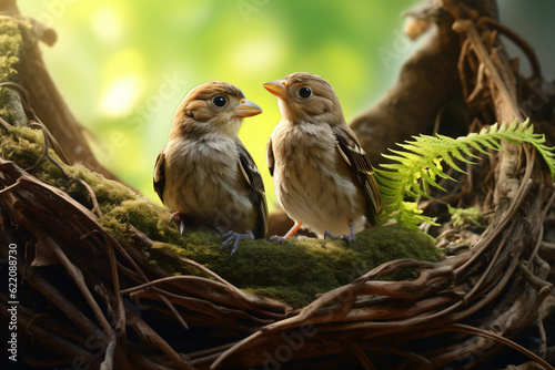 photo of a Finches face against a green forest background