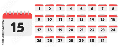 Vector calendar icons by month dates. Red daily calender icon. Set of callendar icons with the dates of the month. A set of sheets of a flip calendar with the numbers of the month from 1 to 31.