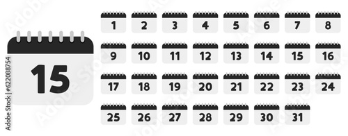 Vector calendar icons by month dates. Black daily calender icon. Set of callendar icons with the dates of the month. A set of sheets of a flip calendar with the numbers of the month from 1 to 31.