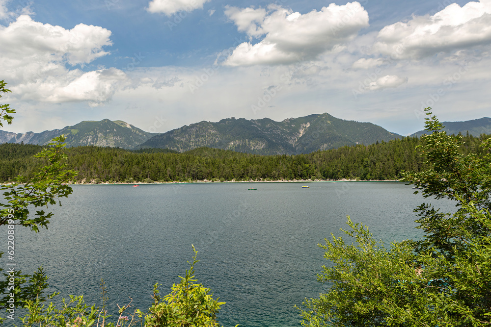 View at lake Eibsee near Garmisch Partenkirchen, Bavaria, Germany, in summer outdoors