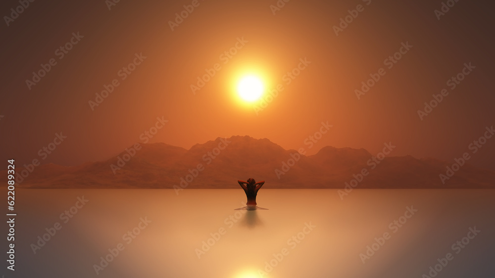 3D render of a female in the sea at sunset