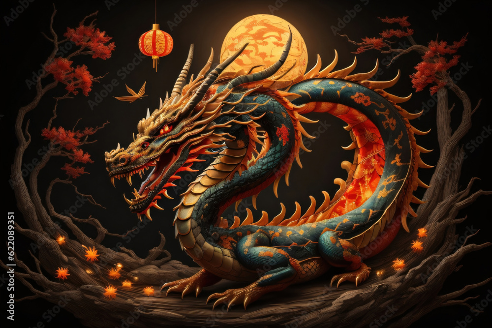 Chinese dragon in yellow tones. Autumn. dark background. Generative AI Chinese dragon in yellow tones. Autumn. dark background. Generative AI