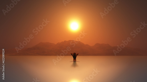 3D render of a female in the sea at sunset © Designpics