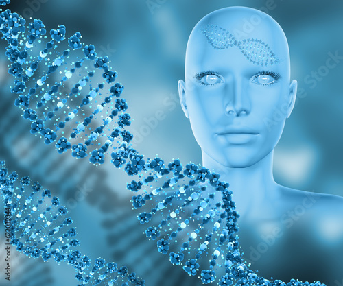 3D render of a medical background with female head and DNA strands