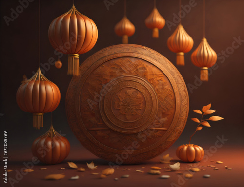 Oriental lanterns in autumn colors on a dark background. Generative AI