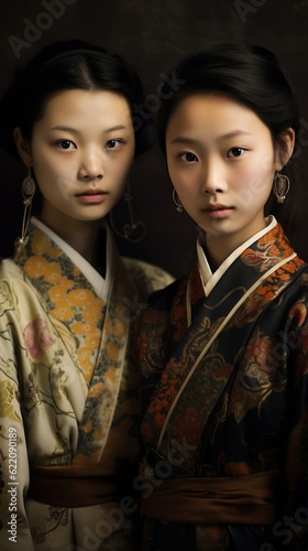 Two Asian teenage girls in kimono looking at camera. Generative AI