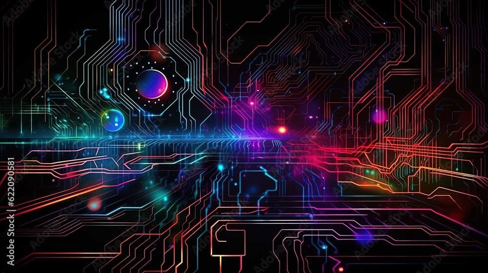 Obraz premium Neon technology pattern. Cosmic digital pattern. Generative AI
