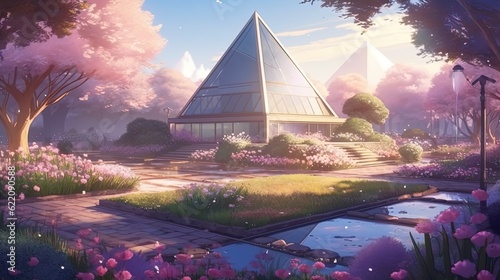 Picturesque garden with crystal pyramid building. Generative AI