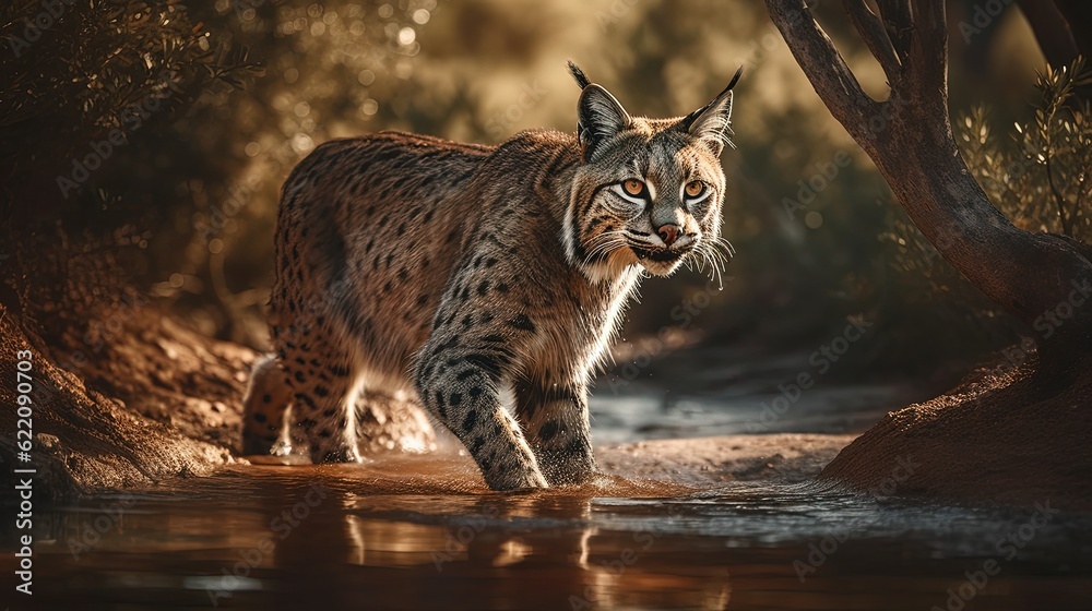 Obraz premium Bobcat going into water. Generative AI