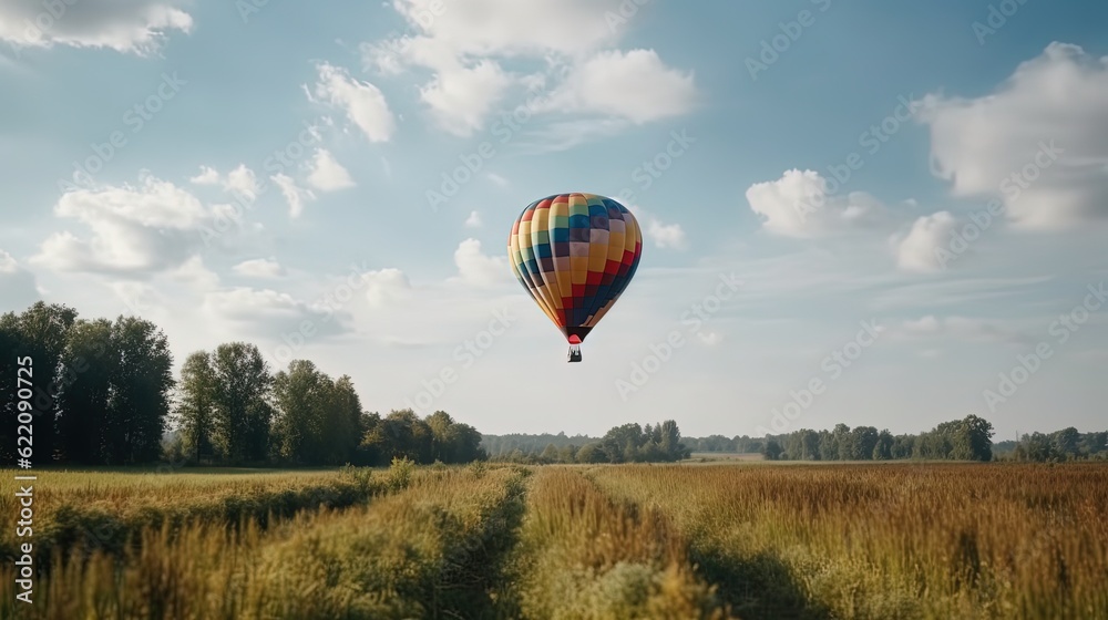 Colored hot air balloon over the field. Generative AI
