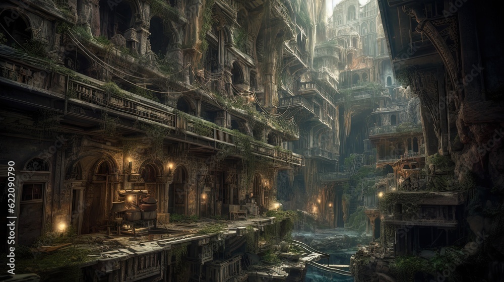 City inside underground cavern. Generative AI