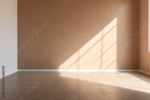 Empty bright room with modern floor and shadow on the wall, Generative AI © Lana_M