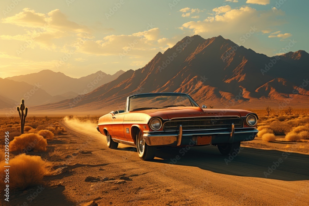 A classic convertible roaring down a dusty desert road. Generative AI