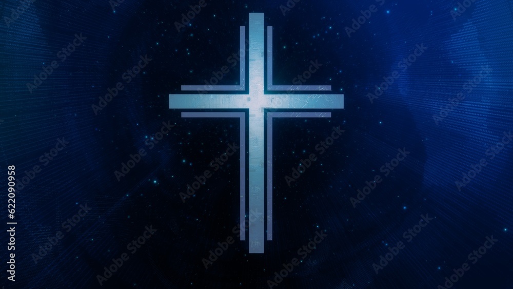 Futuristic Christian cross in ethereal sparkling blue cyberspace. Concept 3d illustration of Roman Catholic scifi crucifix as religious sign of a modern spirituality and faith in the digital world.