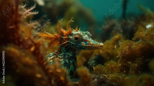 Rare sea horse in corals. Generative AI