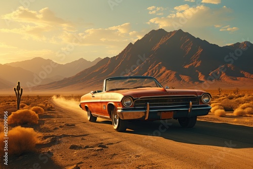 A classic convertible roaring down a dusty desert road. Generative AI