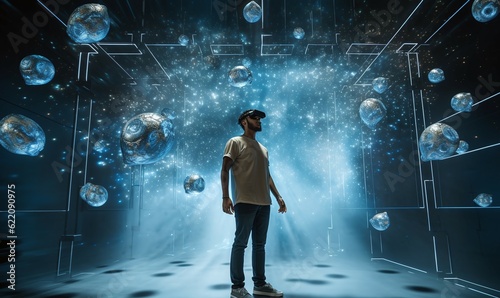 a man with a VR set experiencing the virtual reality space