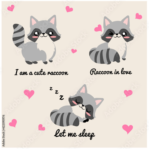 set de tres ilustraciones vectoriales de un lindo y tierno mapache en diferentes poses