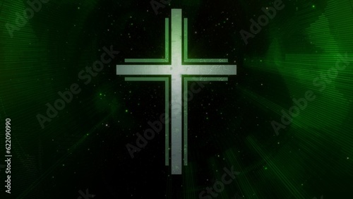 Futuristic Christian cross in ethereal sparkling green cyberspace. Concept 3d illustration of Roman Catholic scifi crucifix as religious sign of a modern spirituality and faith in the digital world.