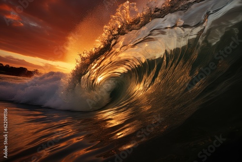 A surfer riding a massive wave off the coast of Hawaii at sunset. Generative AI © GMZ