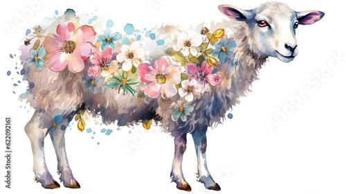 Sheep with flowers. In style of watercolor illustration. White background. Generative AI