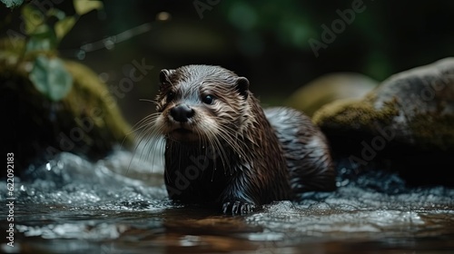 Otter in stream. Generative AI © Soulmate