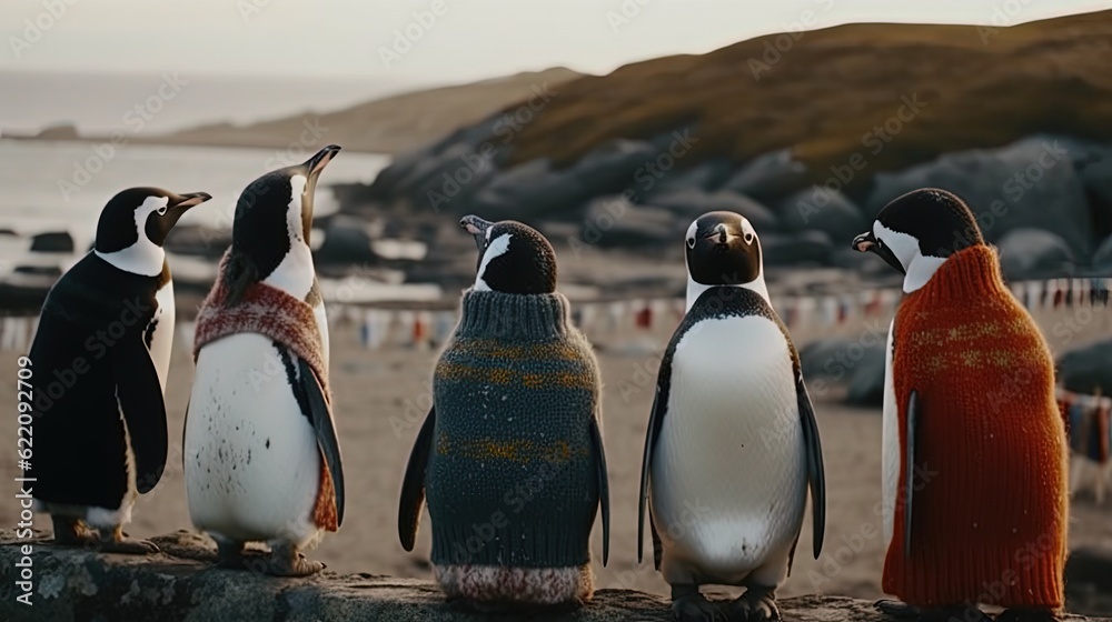 Group of penguins in sweaters. Generative AI - obrazy, fototapety, plakaty 