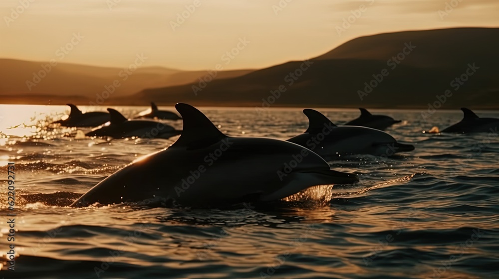Fototapeta premium Group of dolphins jumping out of the water. Generative AI