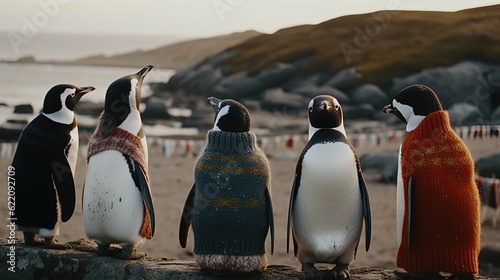 Group of penguins in sweaters. Generative AI photo