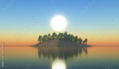 3D render of a palm tree island at sunset