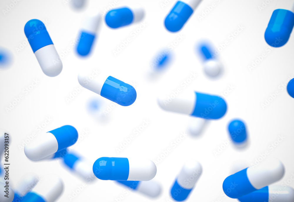 Falling blue pills - 3D render Falling blue pills - 3D render