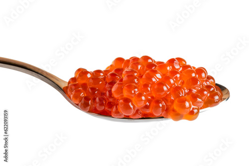spoon with red caviar isolated on white background