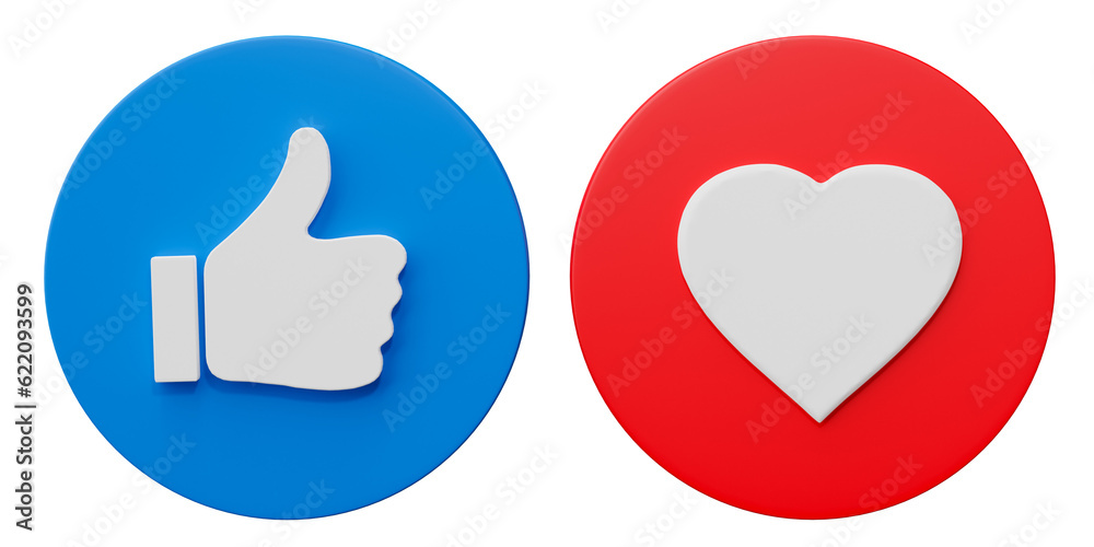 Thumb up, Like and love icon. Social media sign, technology design banner. 3D render illustration. - obrazy, fototapety, plakaty 