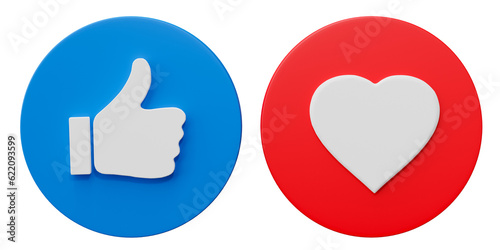 Thumb up, Like and love icon. Social media sign, technology design banner. 3D render illustration. photo