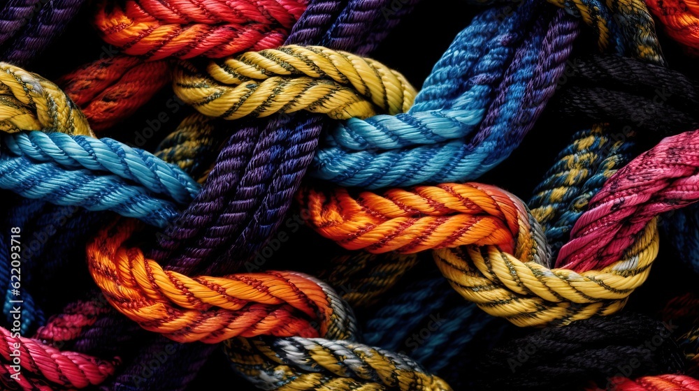 Multicolored ropes twisted. Close-up. Generative AI