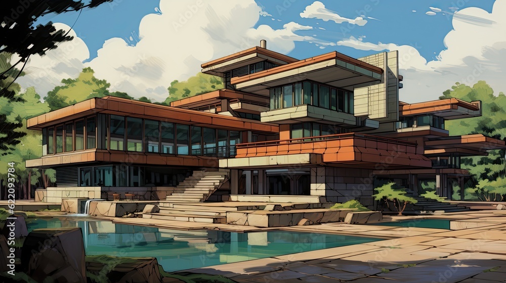 Pavilion in the park. AI generated art illustration.