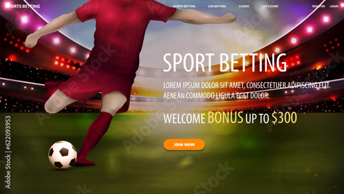 Sports betting, web banner for website with soccer player, offer and Stadium arena with spotlights on background