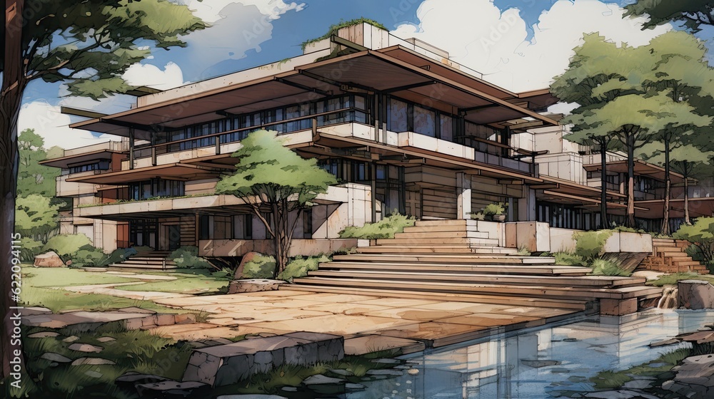 Pavilion in the park. AI generated art illustration.